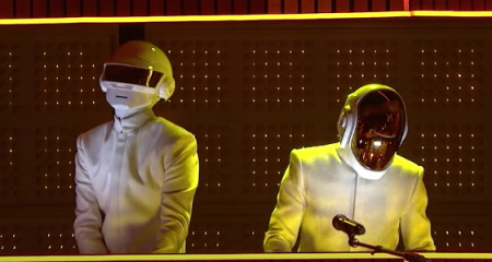 Daft Punk perform at the 2014 Grammy Awards. They'll be making their first live performance since then on February 12 when they perform alon